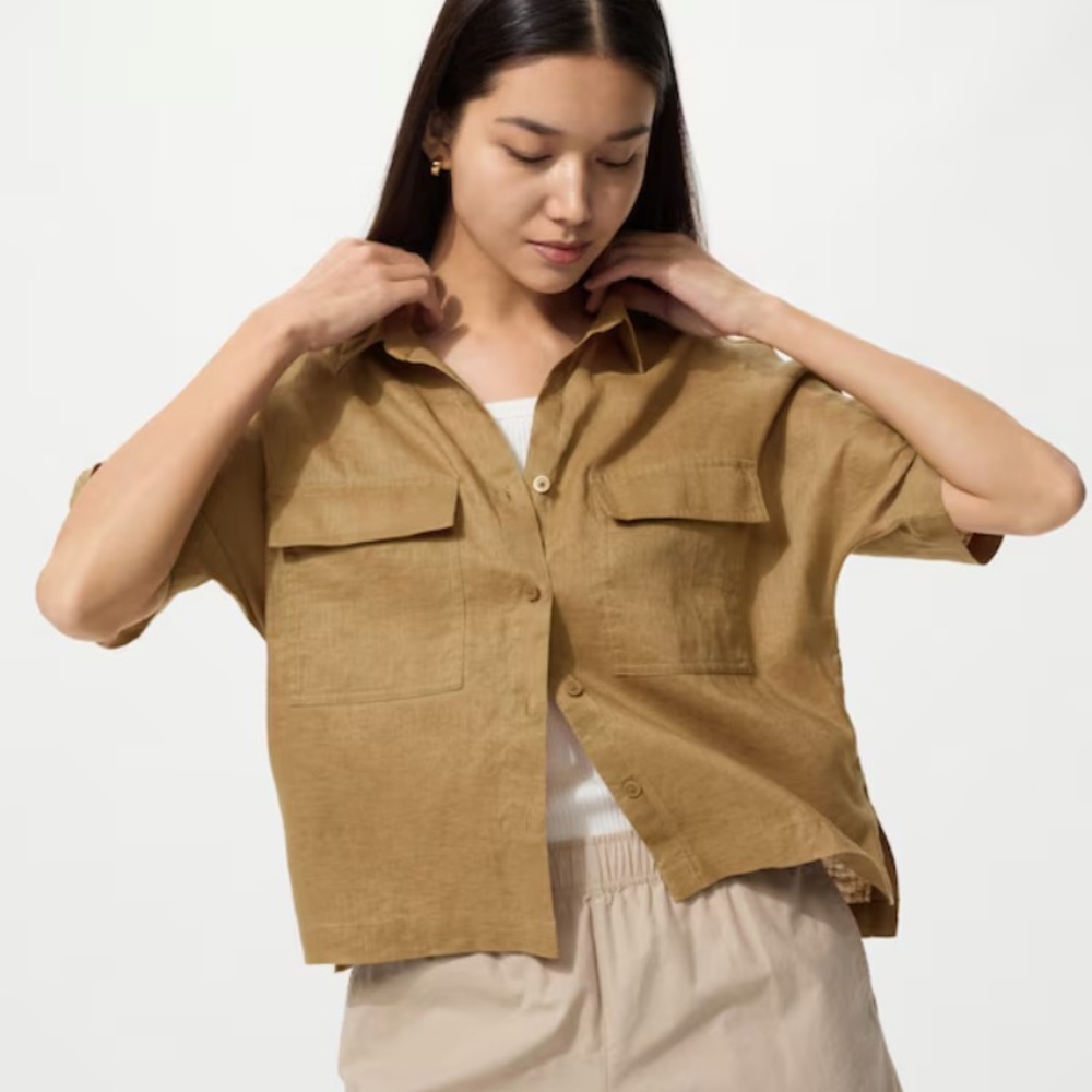 Uniqlo Premium Linen Skipper Boxy Short Sleeve Button Down Shirt Medium